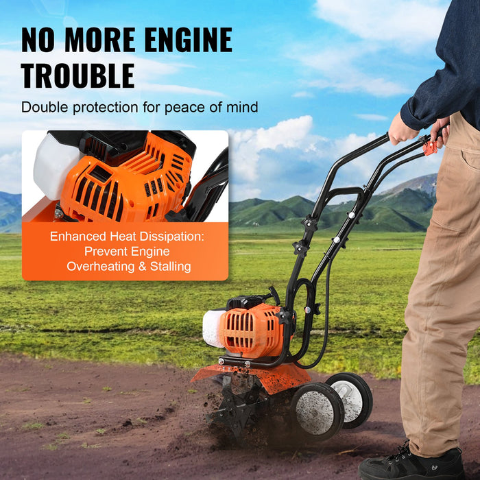 VEVOR Tiller Cultivator Gas Powered, 43CC 2-Stroke Garden Cultivator, Tiller with 4 Steel Adjustable Front Tines for Lawn, Garden and Field Soil Cultivation