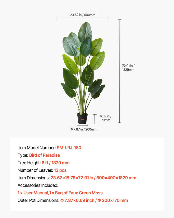 Artificial Bird of Paradise 1829 mm Tall, Fake Tropical Plants with with 13 Trunks & White Pot, Faux Floor Silk Tree, Large Trees for Home Office Living Room Decor House Warming, Indoor Outdoor