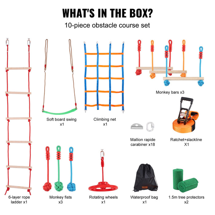 VEVOR Ninja Warrior Obstacle Course for Kids, 15.24 m Weatherproof Slacklines, 500lbs Weight Capacity Monkey Line, Outdoor Playset Equipment, Backyard Toys Training Equipment Set with 10 Obstacles