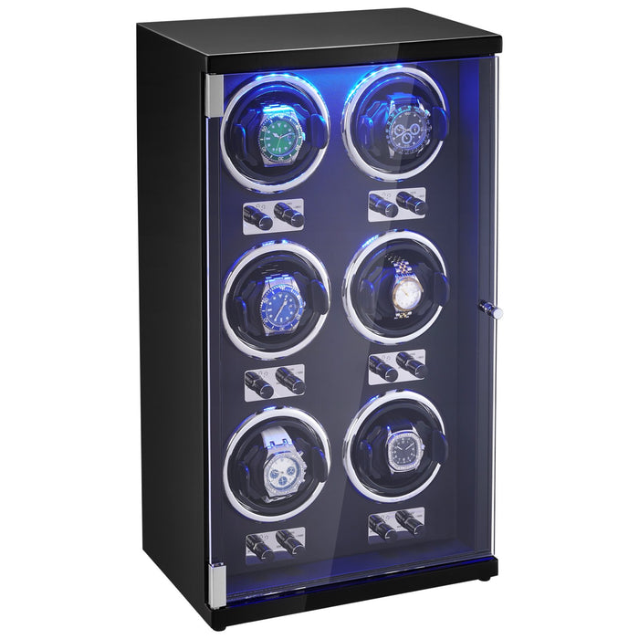 VEVOR Watch Winder, Watch Winder for 6 Men's and Women's Automatic Watches, with 6 Super Quiet Japanese Mabuchi Motors, Blue LED Light and Adapter, High-Density Board Shell and Black PU
