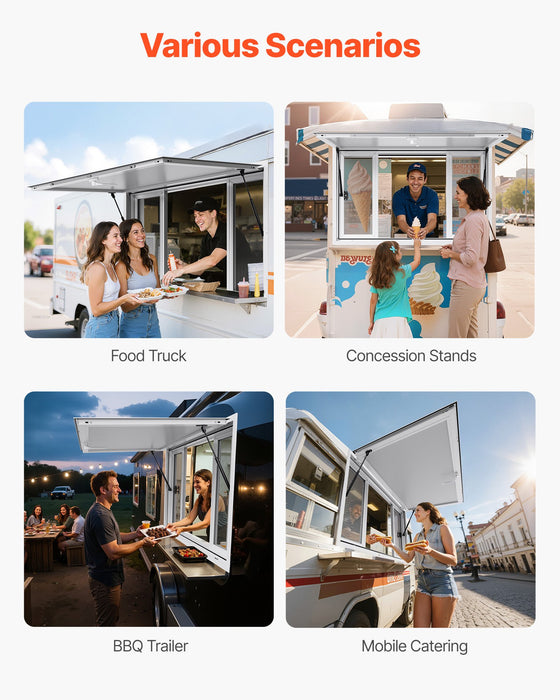 VEVOR Concession Window 1346x838 mm, Aluminum Alloy Service Window for Food Truck, Up to 85 Degrees Stand Serving Window with 4 Sliding Windows, Awning Door, and Drag Hook, for Concession Trailers