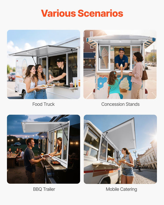 Concession Window 1524x915 mm, Aluminum Alloy Service Window for Food Truck, Up to 85 Degrees Stand Serving Window with 4 Sliding Windows, Awning Door, and Drag Hook, for Concession Trailers