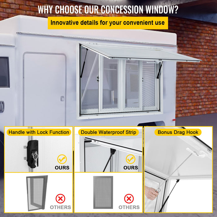 VEVOR Concession Window, 91.4 x 91.4 cm Aluminum Alloy Food Truck Service Window with 4 Horizontal Sliding Screen Windows & Awning Door & Drag Hook, Serving Window for Food Trucks Concession Trailers