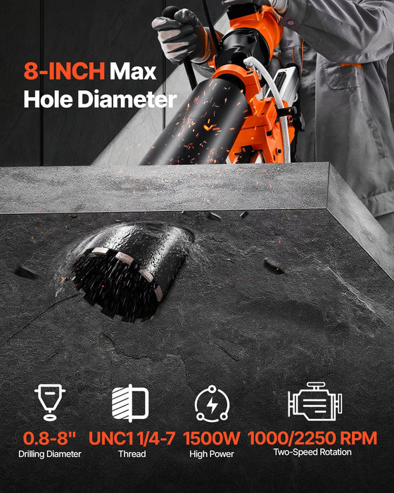 VEVOR Diamond Core Drilling Machine, 200 mm Drilling Diameter, 2-in-1 Handheld & Stand-Mount Dry and Wet Concrete Core Drill Rig with 4 Bits, 1000/2250 RPM 2-Speed, for Concrete Brick Stone, 1500W