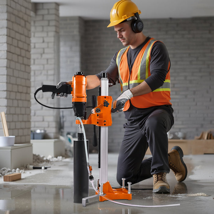 VEVOR Diamond Core Drilling Machine, 200 mm Drilling Diameter, 2-in-1 Handheld & Stand-Mount Dry and Wet Concrete Core Drill Rig with 4 Bits, 1000/2250 RPM 2-Speed, for Concrete Brick Stone, 1500W