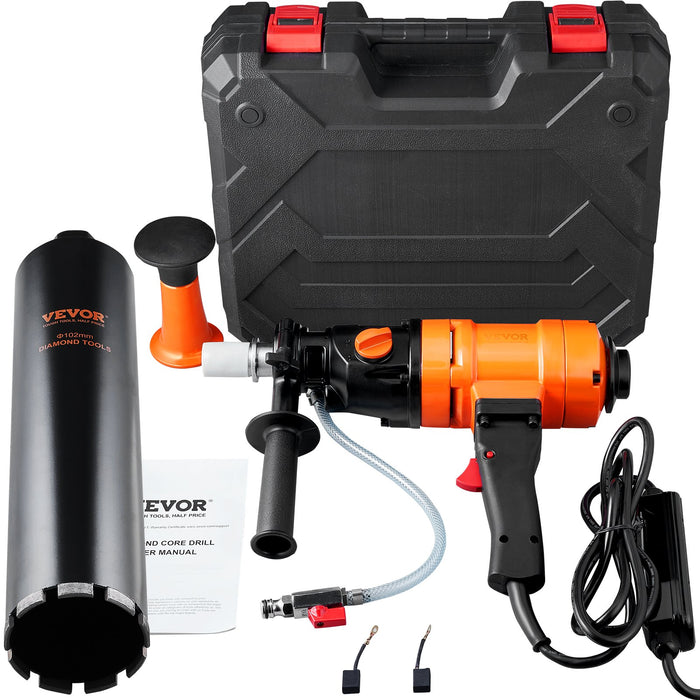 VEVOR Diamond Core Drilling Machine, 4in Handheld Wet Concrete Core Drill Rig, 1100-2400RPM Two Speed & 1-1/4" Thread & 2 Bubble Levels, 3-4in Drilling Diameter for Concrete Brick Block Stone, 1500W
