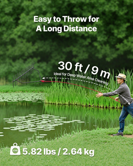 24 in Aquatic Weed Rake, 8.7 in Double Sided Lake Weed Rake, Pond Weeds Cutter with 30ft Rope, Tie Hole, No Assembly Required, Lightweight Muck Lilypad Clearing Tool for Pond, Lake, Rivulet