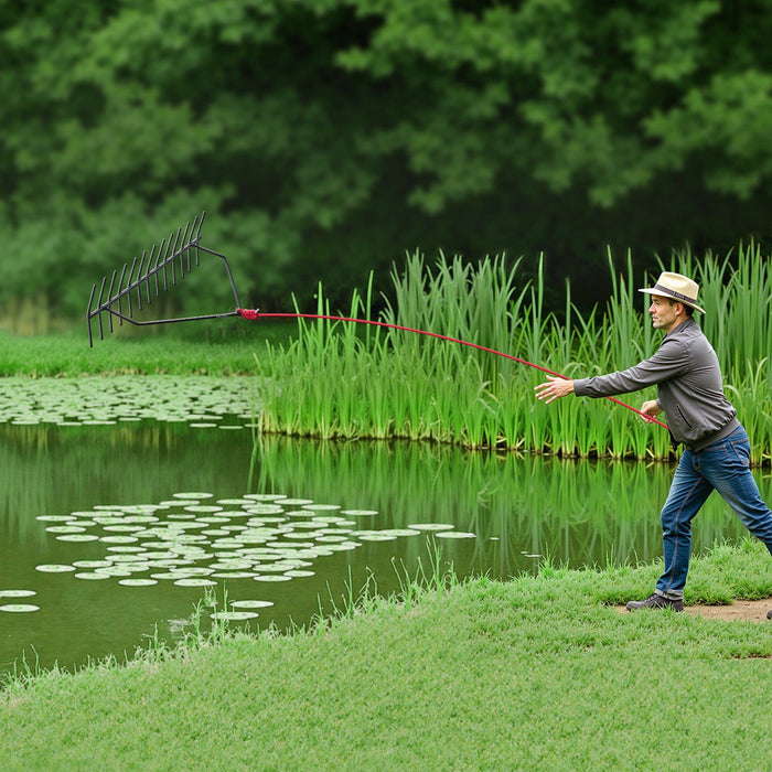 24 in Aquatic Weed Rake, 8.7 in Double Sided Lake Weed Rake, Pond Weeds Cutter with 30ft Rope, Tie Hole, No Assembly Required, Lightweight Muck Lilypad Clearing Tool for Pond, Lake, Rivulet