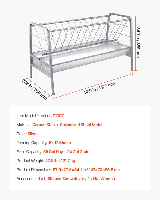 Livestock Hay Feeder, 2 in 1 Grain & Hay Feeder, 300L Capacity, 147 cm Long Goat Pasture Feeding with Deeper Feeding Pan, Heavy Duty Steel Grain Holder for Sheep Sheds, Farms, Horse Barns, Yards