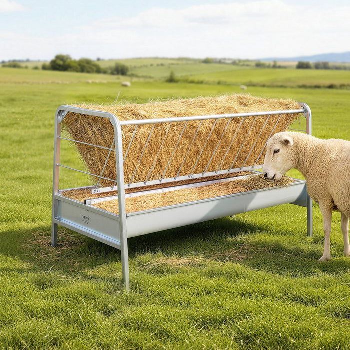 Livestock Hay Feeder, 2 in 1 Grain & Hay Feeder, 300L Capacity, 147 cm Long Goat Pasture Feeding with Deeper Feeding Pan, Heavy Duty Steel Grain Holder for Sheep Sheds, Farms, Horse Barns, Yards