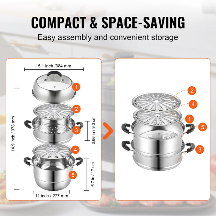 VEVOR Steamer Pot, 28cm Steamer Pot for Cooking with 8.5QT Stock Pot, Vegetable Steamer & 2 Steaming Grid, 3-Layer Food-Grade 304 Stainless Steel Food Steamer Cookware with Lid for Gas Electric Stove