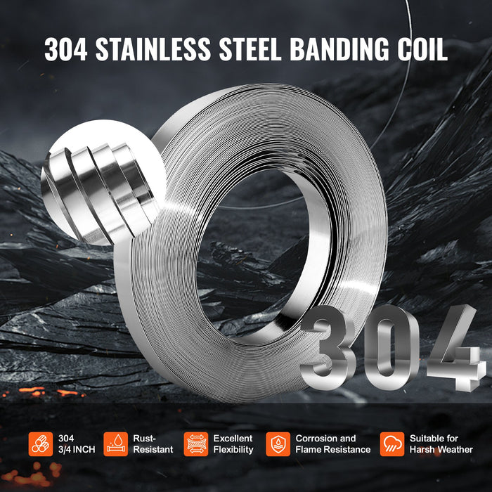 VEVOR Banding Strapping Kit with Strapping Tensioner Tool, 30 m Length 304 Stainless Steel Banding, 100 Metal Seals, Pallet Packaging Strapping Banding Kit, Banding Packaging Strapping for Packing