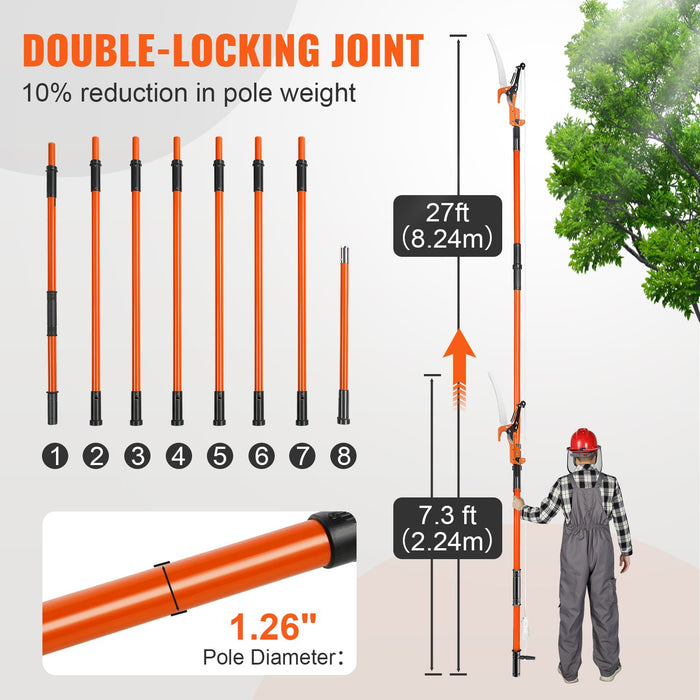 VEVOR Manual Pole Saw, 2.24 m-8.24 m Extendable Tree Pruner, Sharp Steel Blade and Scissors High Branches Trimming, Branch Trimmer with Lightweight 8 Fiberglass Handles, for Pruning Palms and Shrubs