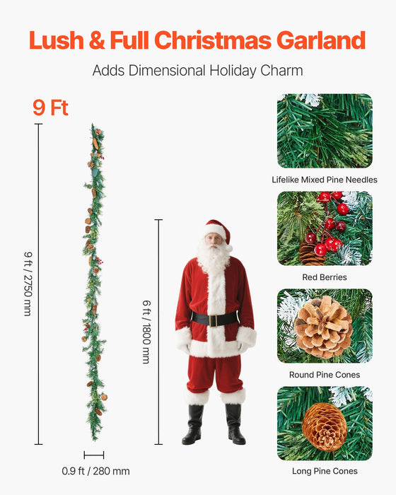 VEVOR Christmas Garland, 2750mm Artificial Christmas Garland with Light String, Faux Greenery Decoration with Berry Clusters, Pine Needles, Pine Cones, Realistic Xmas Collection for Mantel Fireplace