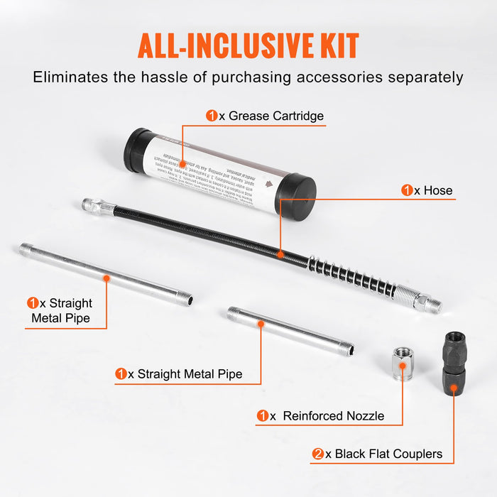 VEVOR Pistol Grip Grease Gun, 3500 PSI, 4 OZ / 120 CC Capacity Heavy Duty Professional Grease Gun, with 11.65 Inch Flexible Hose 2 Black Flat Couplers, 1 Reinforced Nozzle, and 2 Rigid Metal Pipes