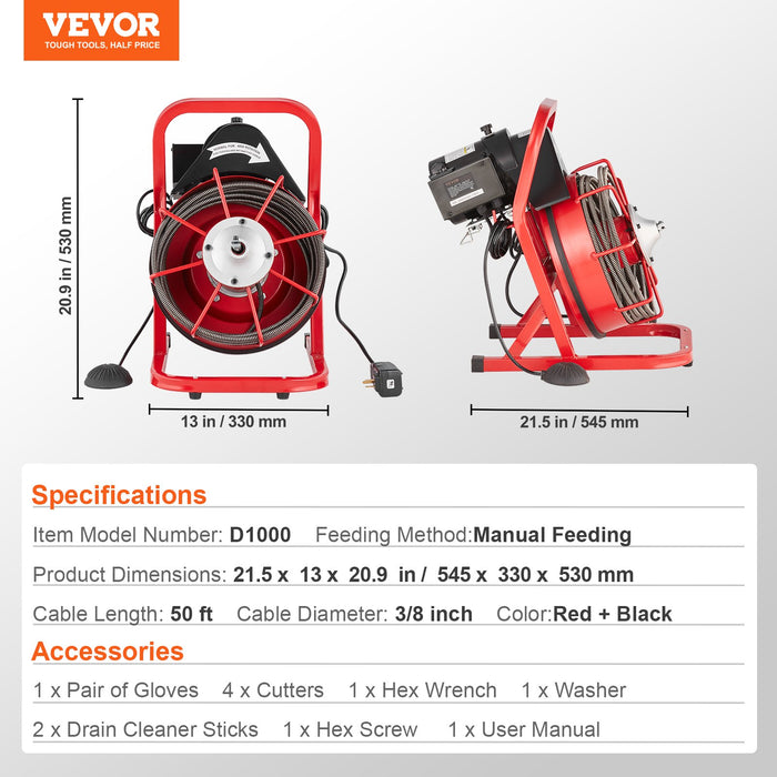 VEVOR Drain Cleaner Machine Drain Auger 50FT x 3/8 Inch Manual Feed & 4 Cutters