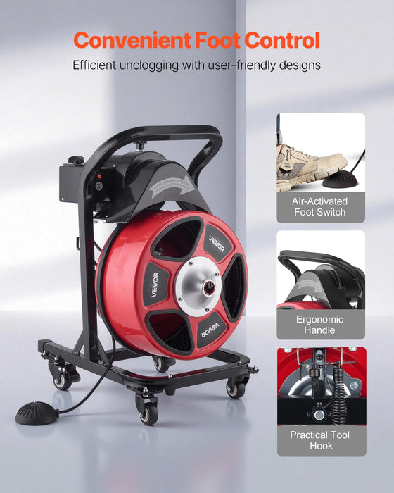Drain Cleaner Machine 15m x 13mm, Manual Feed Sewer Snake Auger on Wheels - with 4 Cutters & Air-activated Foot Switch for 50mm to 150mm Pipes