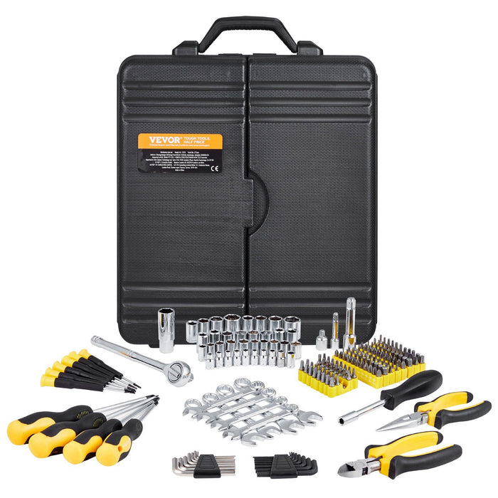 221-Piece Mechanics Tool Set, 1/4" and 3/8" Drive Sockets, SAE and Metric Mechanic Tool Kit with Bits, Wrenches, Ratchet Handle, Accessories, and Plastic Storage Case, for Automotive Repair