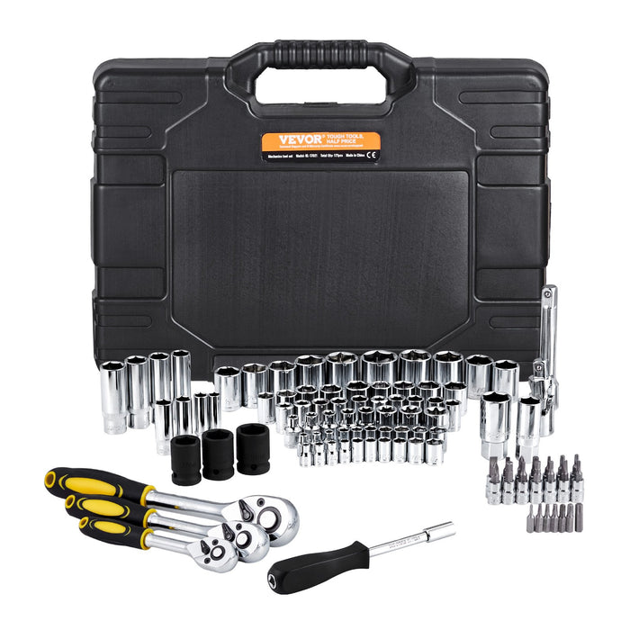 VEVOR 121-Piece Mechanics Tool Set 1/4" 3/8" 1/2" Drive Sockets SAE and Metric