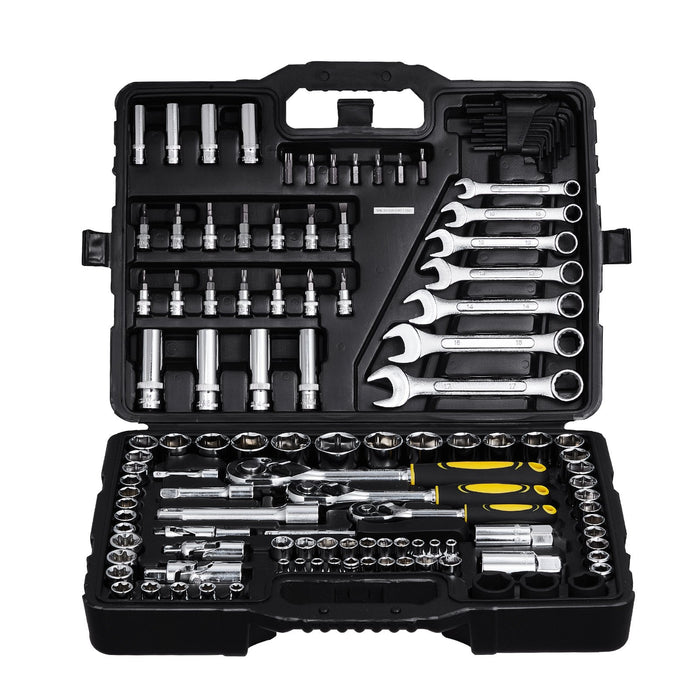 VEVOR 121-Piece Mechanics Tool Set 1/4" 3/8" 1/2" Drive Sockets SAE and Metric