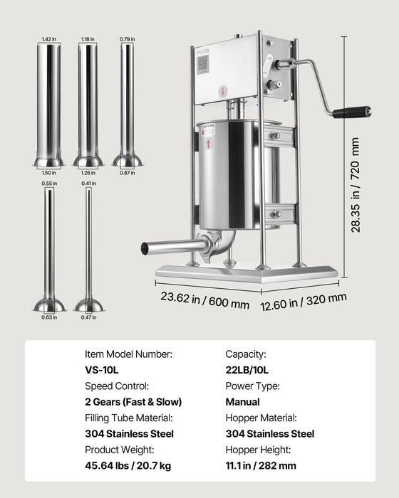 VEVOR Manual Sausage Stuffer, 22 LBS / 10 L Vertical Meat Stuffer, Dual-Speed Sausage Casing Meat Filling Machine, Stainless Steel Heavy Duty Filler with 5 Stuffing Tubes, for Commercial & Home Use