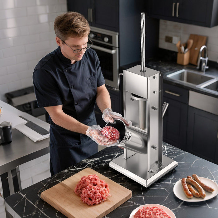 Manual Sausage Stuffer, 11 LBS / 5 L Vertical Meat Stuffer, Dual-Speed Sausage Casing Meat Filling Machine, Stainless Steel Heavy Duty Filler with 5 Stuffing Tubes, for Commercial & Home Use