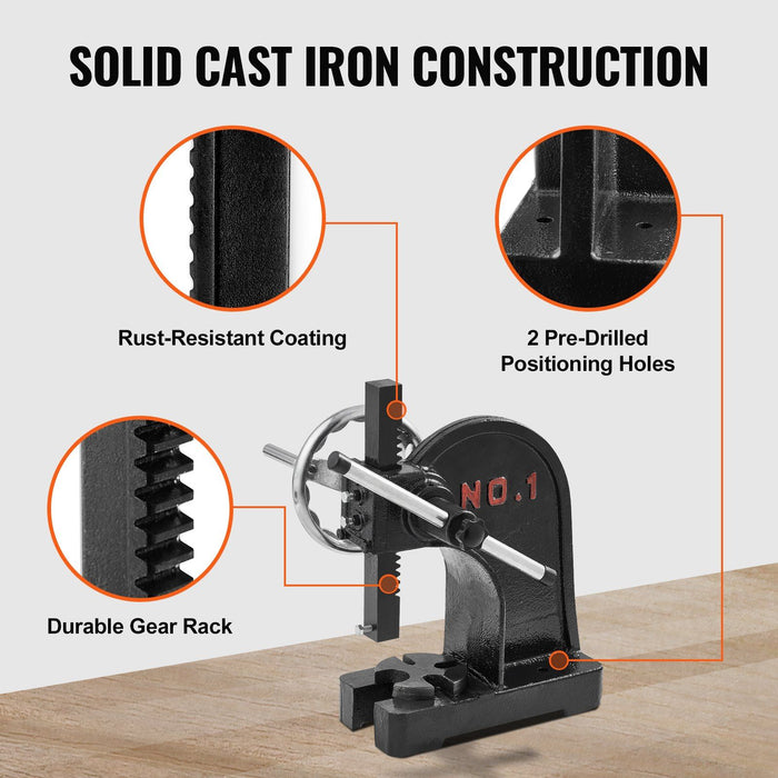 Arbor Press, 1 Ton Manual Arbor Press with Handwheel, 15cm Maximum Height, Cast Iron Heavy-duty Manual Desktop Arbor Press, Precision Hand Press for Stamping, Bending, Stretching, Forming