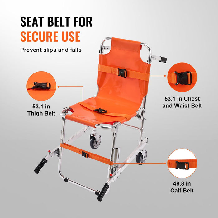 EMS Stair Chair, 159 kg Load Capacity, Foldable Aluminum Emergency Stair Climbing Wheelchair with 2 Wheels, Portable Stair Lift Chair Ambulance Firefighter Evacuation Use for Elderly, Disabled