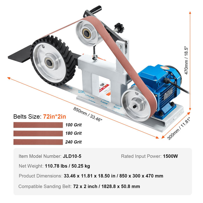 VEVOR Belt Grinder Sander, 72 x 2-Inch Variable Speed Belt Polisher with VFD, 1500W 2HP Polishing Grinding Machine with 3 Grinding Moulds & 3PCS Sanding Belts for Metalworking, Knife Making