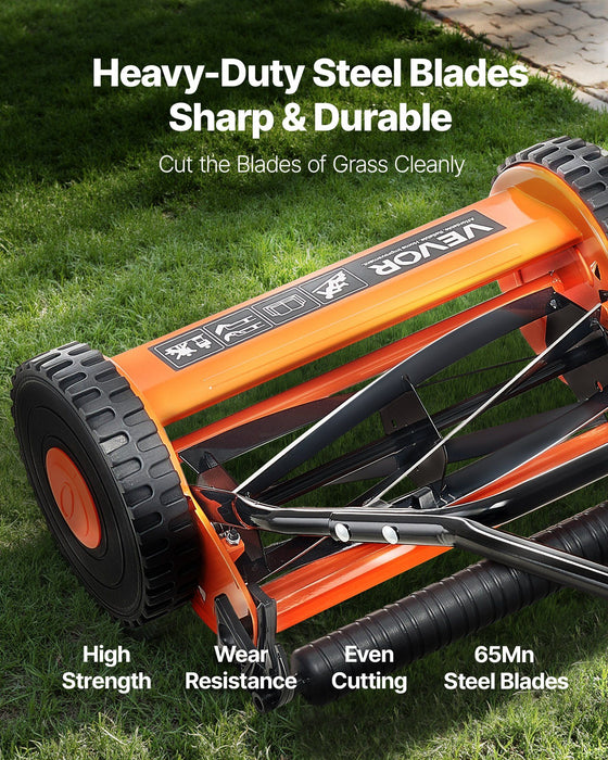 Push Reel Lawn Mower 35 cm, 5 Blades Manual Push Mower No Motor, 15-45 mm Adjustable Cutting Height, Walk-Behind Lawn Mowers with Grass Catcher Bag for Green Lawns, Driveways, Courtyards