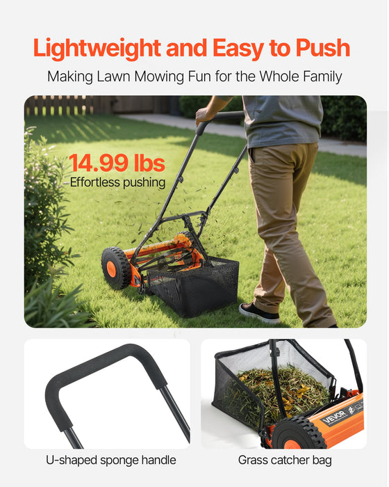 VEVOR 40cm Push Reel Lawn Mower 5-Blade Adjustable Height Grass Catcher 2-Wheel