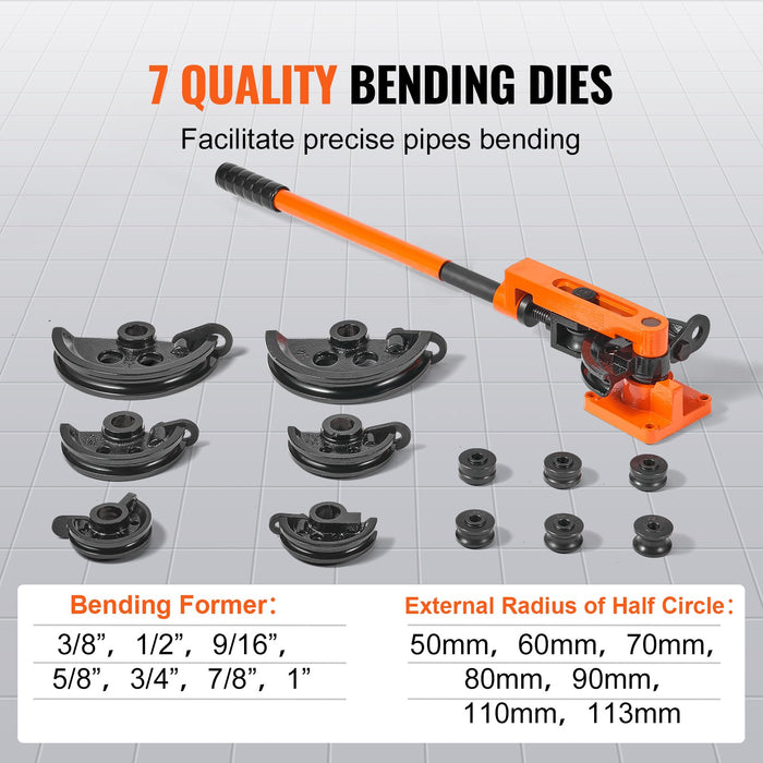 VEVOR Pipe Tube Bender, 3/8" to 1" OD Manual Pipe Tube Bender with 7 Bending Dies, 180° Copper Aluminum Pipes Bending Tools for HVAC Air Conditioning Refrigerator Auto Repair
