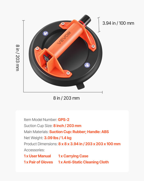 VEVOR Vacuum Suction Cup, 203 mm Vacuum Glass Lifter with ABS Handle, 180 kg Max Lifting Capacity Tile Suction Cup Tool with Carrying Case for Lifting Large Tile, Granite, Drywall, Windows (2-Pack)