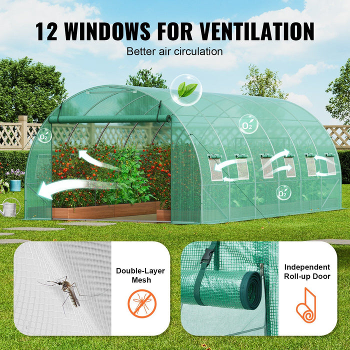 Walk-in Tunnel Greenhouse, 19.4x9.7x6.5 ft Hoop House Greenhouse Tunnel, Plant Hot House with Galvanized Steel Frame, Green PE Cover, Roll-up Zipper Door and 12 Windows for Outdoor