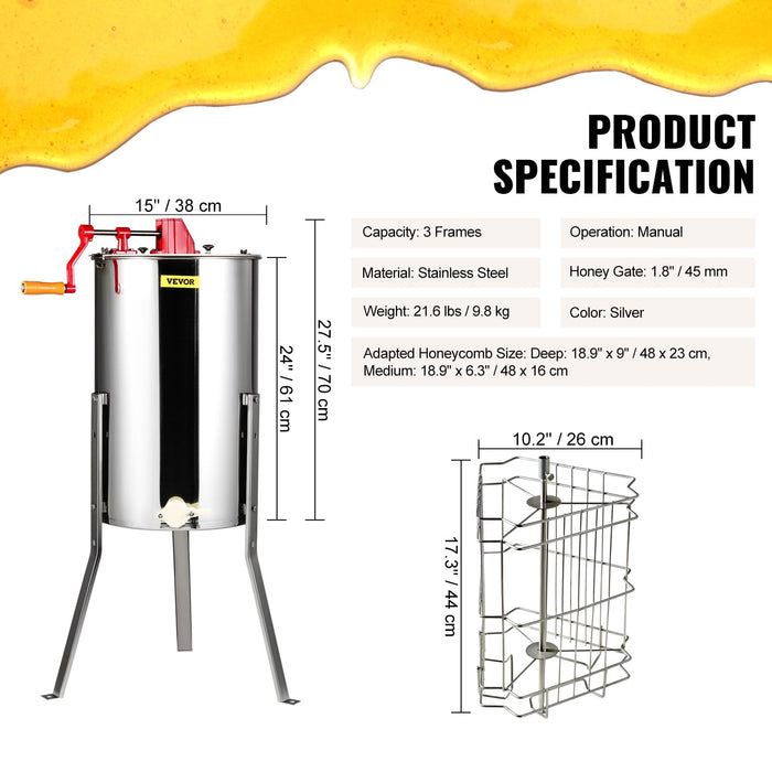 VEVOR Manual Honey Extractor, 3 Frames Honey Spinner Extractor, Stainless Steel Beekeeping Extraction, Honeycomb Drum Spinner with Lid, Apiary Centrifuge Equipment with Height Adjustable Stand