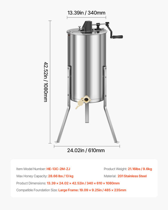 VEVOR Honey Extractor, 2 Frame Manual Honey Spinner with Transparent Lid, Stainless Steel Honeycomb Drum Spinner with Height Adjustable Stand, Honeycomb Extraction Centrifuge Equipment for Beekeeping