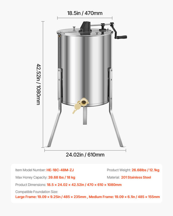 VEVOR Honey Extractor, 4/8 Frame Manual Honey Spinner with Transparent Lid, Stainless Steel Honeycomb Drum Spinner with Height Adjustable Stand, Honeycomb Extraction Equipment for Beekeeping