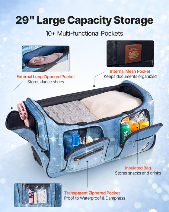 VEVOR Dance Bag with Garment Rack, 736.6 mm Rolling Dance Duffel, with Wheels, USB Port, Height Adjustable Clothes Rack, Privacy Protection Curtain, Ideal for Travel and Competitions, Sparkling Blue