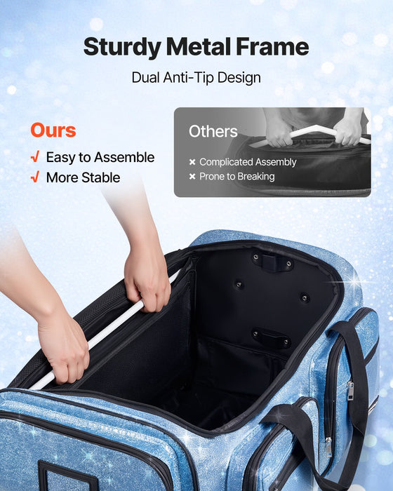 VEVOR Dance Bag with Garment Rack, 736.6 mm Rolling Dance Duffel, with Wheels, USB Port, Height Adjustable Clothes Rack, Privacy Protection Curtain, Ideal for Travel and Competitions, Sparkling Blue