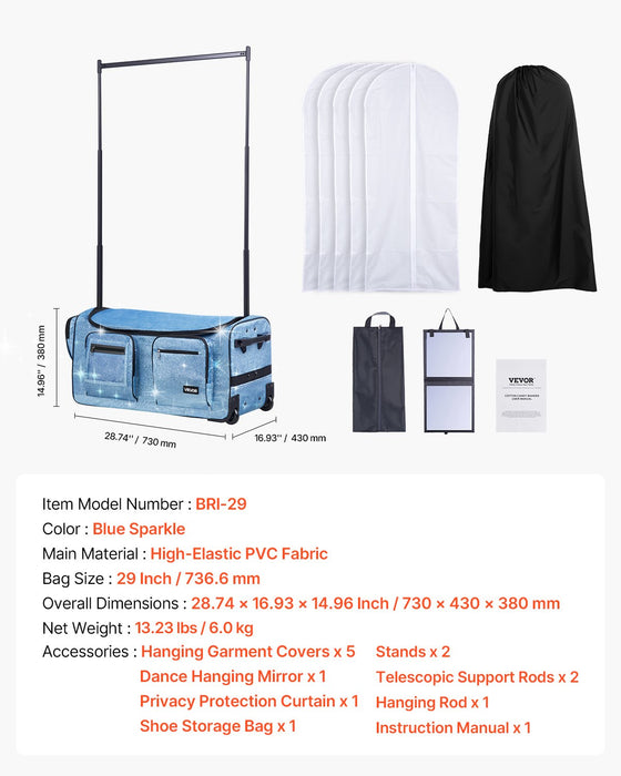 VEVOR Dance Bag with Garment Rack, 736.6 mm Rolling Dance Duffel, with Wheels, USB Port, Height Adjustable Clothes Rack, Privacy Protection Curtain, Ideal for Travel and Competitions, Sparkling Blue