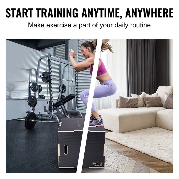 VEVOR 3 in 1 Plyometric Jump Box, 30/24/20 Inch Wooden Plyo Box, Platform & Jumping Agility Box, Anti-Slip Fitness Exercise Step Up Box for Home Gym Training, Conditioning Strength Training, Black