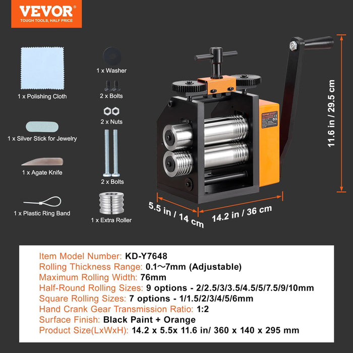 Rolling Mill, 3"/76 mm Jewelry Rolling Mill Machine, 1: 2 Gear Ratio, 3-in-1 Multi-function Rolling Mill, 0.1-7mm Press Thickness for Metal Jewelry Making Sheet Square Wire Semicircle Pattern