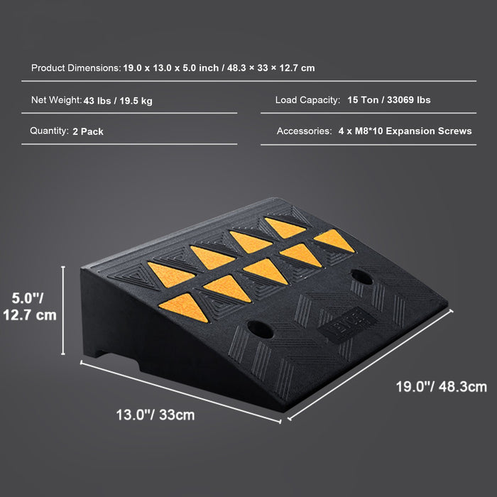 VEVOR Rubber Curb Ramp 2 Pack, 12.7 cm Rise Height Heavy-Duty 15 tons Load Capacity Threshold Ramps, Driveway Ramps with Stable Grid Structure for Cars, Wheelchairs, Bikes, Motorcycles