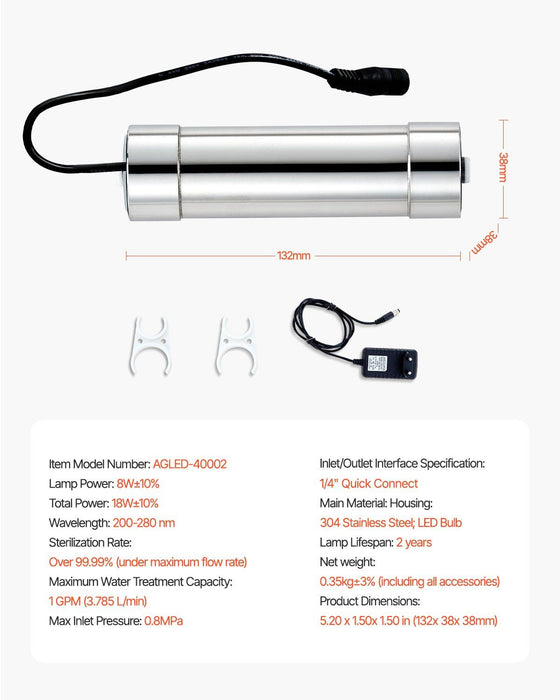 UV Water Purifier, 8W 1GPM, 220V Versatile Ultraviolet Water Purifier Filter with Stainless Steel Housing, Whole House UV Water Filter with Quartz Sleeve Fit for Shower/Drinking/Cleaning