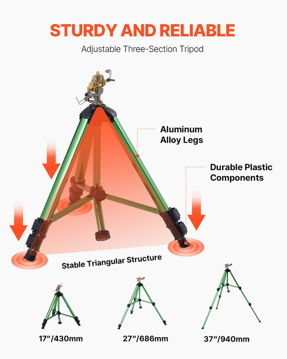 VEVOR Impact Sprinkler on Tripod Base, 2 Packs, Heavy Duty Tripod Sprinklers with Brass Head & G3/4" Connector, 360 Degree Large Area Irrigation Sprinkler, Adjustable Heights Sprinkler for Yard