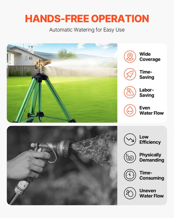 VEVOR Impact Sprinkler on Tripod Base, 2 Packs, Heavy Duty Tripod Sprinklers with Brass Head & G3/4" Connector, 360 Degree Large Area Irrigation Sprinkler, Adjustable Heights Sprinkler for Yard