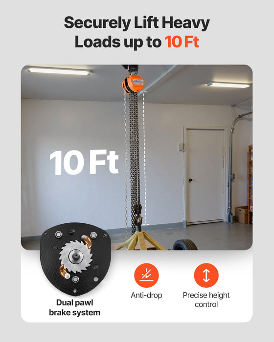 Hand Chain Hoist, 3 Ton Capacity, Manual Chain Block with Upgrade G80 Galvanized Chain, 3 m Lifting Height, Heavy Duty Pulley Hoist for Garage Warehouse Automotive Machinery, Orange
