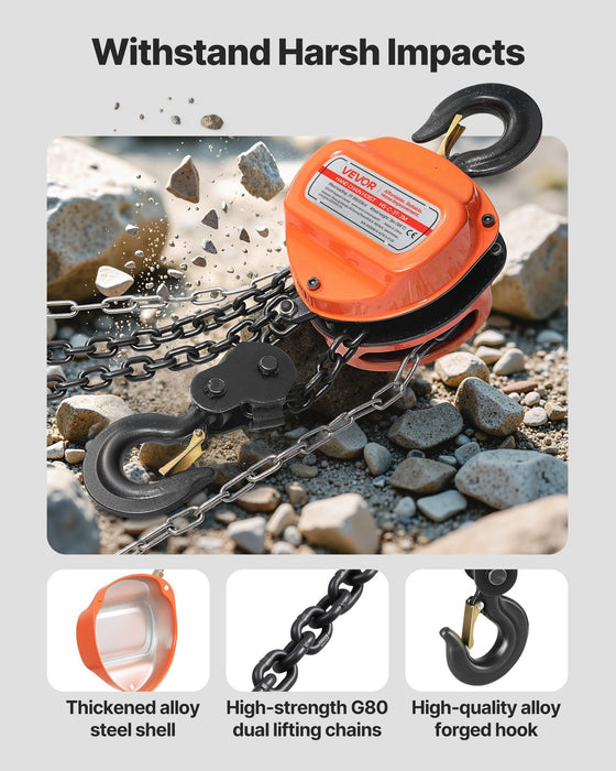 Hand Chain Hoist, 3 Ton Capacity, Manual Chain Block with Upgrade G80 Galvanized Chain, 3 m Lifting Height, Heavy Duty Pulley Hoist for Garage Warehouse Automotive Machinery, Orange