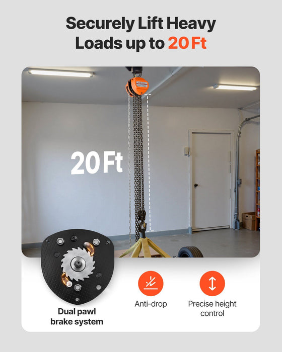 Hand Chain Hoist, 3 Ton Capacity, Manual Chain Block with Upgrade G80 Galvanized Chain, 6 m Lifting Height, Heavy Duty Pulley Hoist for Garage Warehouse Automotive Machinery, Orange