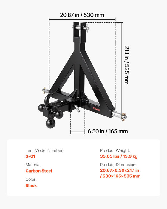 VEVOR 3 Point Trailer Hitch 2 in Receiver, 3pt Quick Hitch Attachment with 3 Trailer Balls, Tractor Tow Drawbar Adapter, Compatible with Kubota, Mahindra, Ford, Yanmar, John Deere, Massey Ferguson
